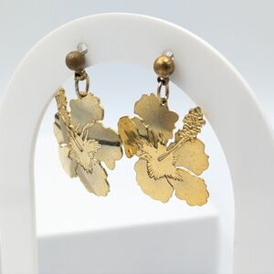 Vintage signed LAM hibiscus flower gold tone dangle earrings